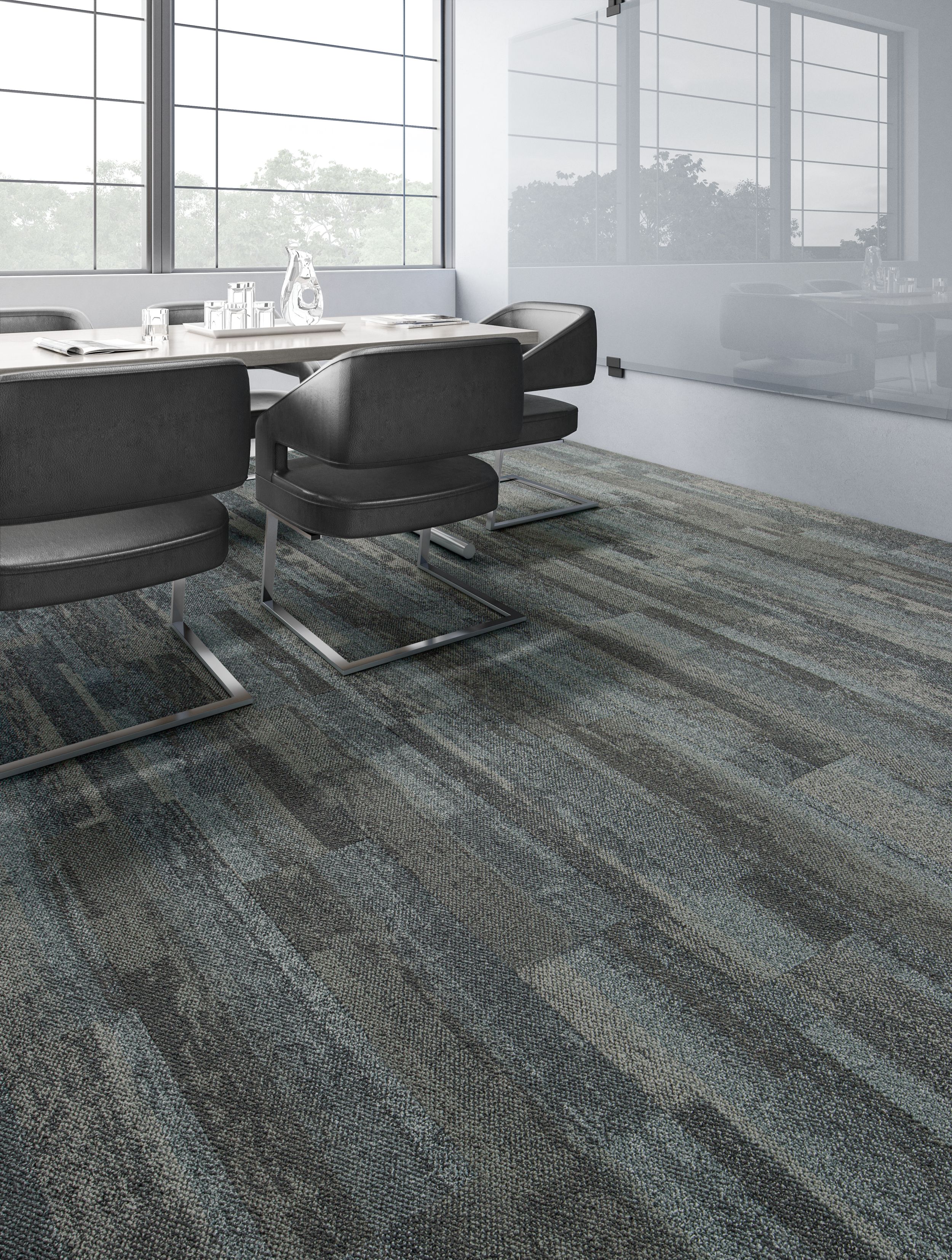 Interface Naturally Weathered plank carpet tile in office meeting room with reflection of natural light through windows image number 4